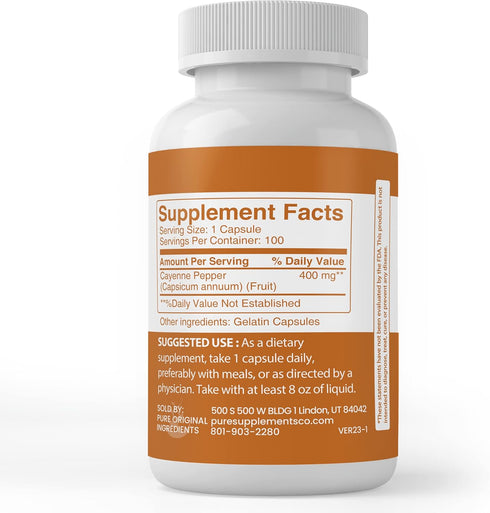 Pure Original Ingredients Cayenne Pepper, 100 Capsules, Always Pure, No Additives or Fillers