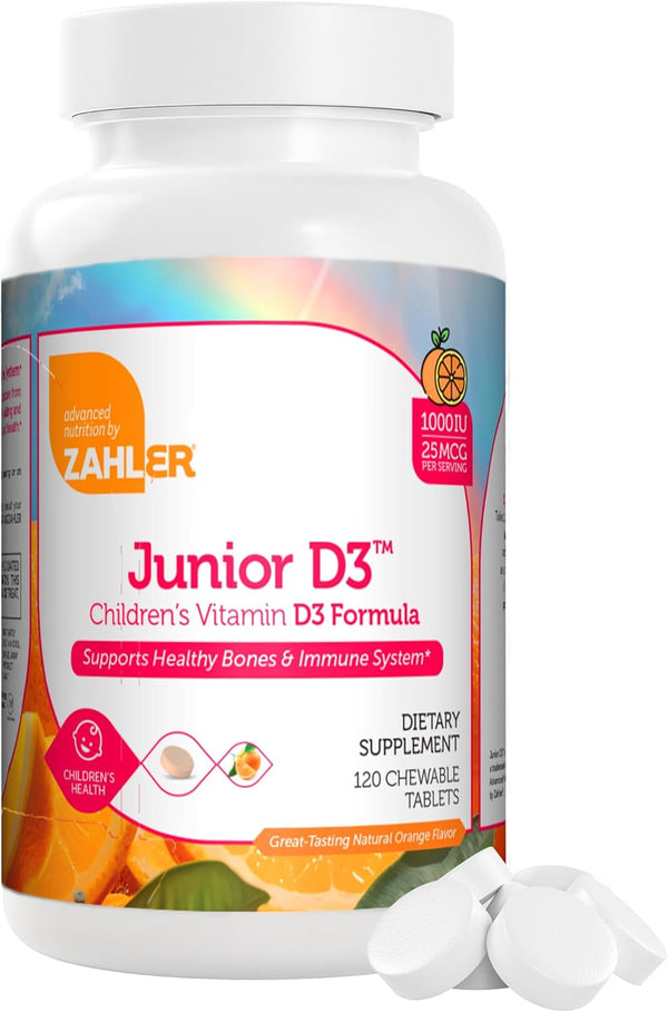 Zahler Junior D3 Vitamins 1000 IU for Kids, Kosher Orange Flavor, 120 Count