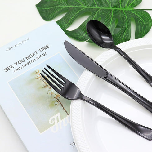 150 Pack Black Plastic Silverware Set, 50 Forks, 50 Knives, 50 Spoons for Graduation Party, Wedding, Birthday