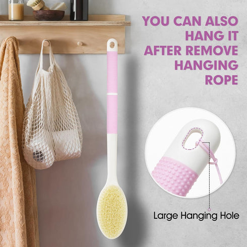 Anti-Slip Body Scrubber for Shower - Long Handle Exfoliating Back Brush with Stiff and Soft Bristles (Pink)