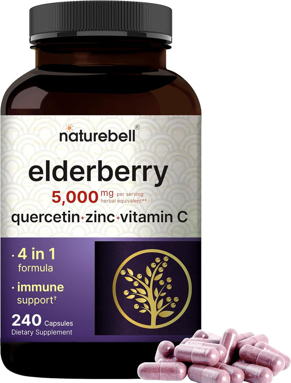 NatureBell Sambucus Elderberry Capsules - 5000mg with Quercetin, Vitamin C and Zinc, 240 Count Immune Support