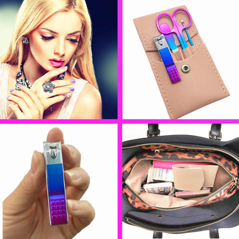 Professional Women Manicure Set, 4PCS Nail Clippers Kit, Stainless Steel Grooming Tools, PU Leather Travel Case