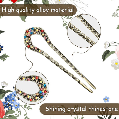 Waydress 5 Pcs Vintage Hair Fork, French Hair Pin for Buns, Metal Chignon Pin with Crystal Rhinestone Double Prong