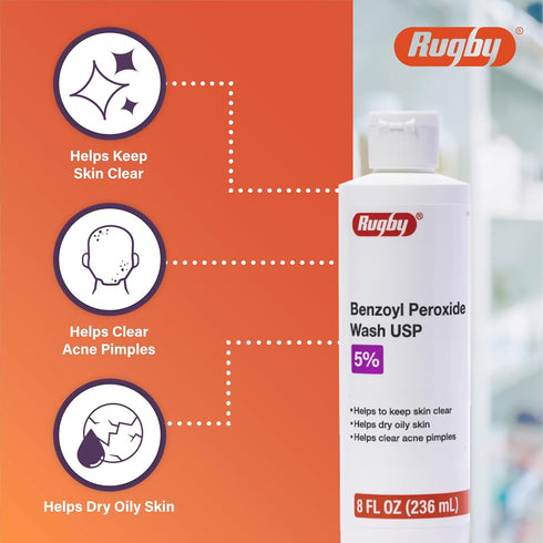 Rugby Benzoyl Peroxide Wash USP 5% - Acne Medication for Clear Skin, 8 Fl. Oz.
