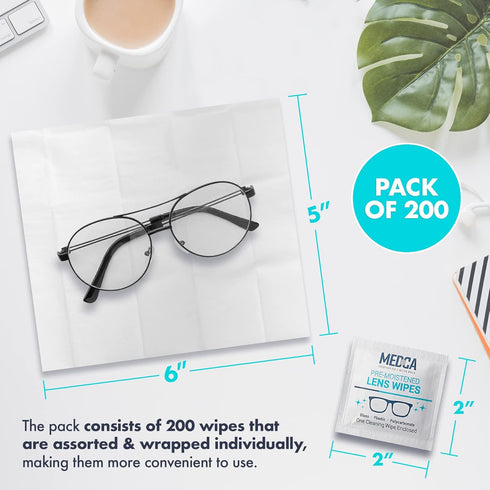 Premoistened Lens and Glass Cleaning Wipes, Pack of 200 - Quick Drying, Streak Free, Portable Travel Cleaner