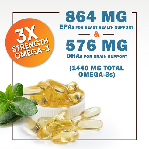 Omega 3 Fish Oil - 2400 mg, Triple Strength Omega3, EPA & DHA Fatty Acids, Natural Support for Immune, Heart & Brain