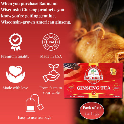 Baumann Premium American Ginseng Tea Bags (20 Bags) - Authentic Panax Wisconsin Grown Herbal Tea for Enhanced Focus &