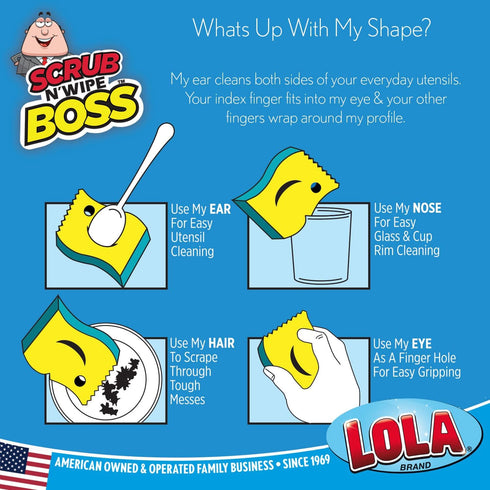 Lola Products Scrub N’ Wipe Boss, Non-Scratch Scrubbing, 2-Sided Sponge, 9 Pack, Made in USA, Remove Debris, Firm in