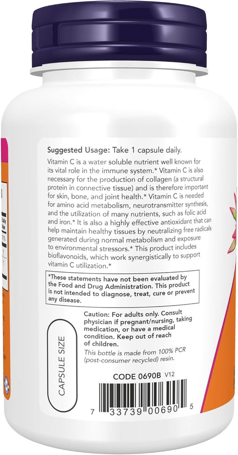 NOW Supplements Vitamin C-1,000 | 100 Veg Capsules | with 100 mg of Bioflavonoids | Antioxidant Protection