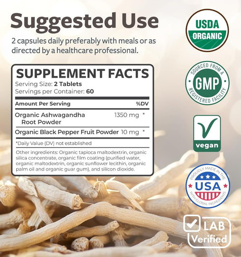 USDA Organic Ashwagandha Supplement, High Potency Pills with Black Pepper, Vegan, 2 Months Supply