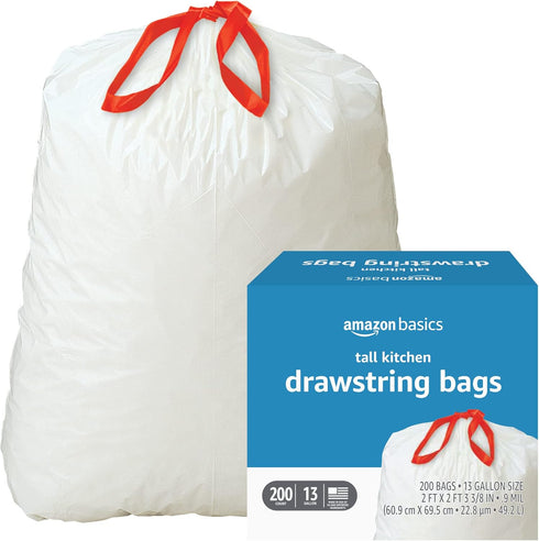 Amazon Basics Tall Kitchen Drawstring Trash Bags, 13 Gallon, 200 Count, Pack of 1 by Amazon Basics