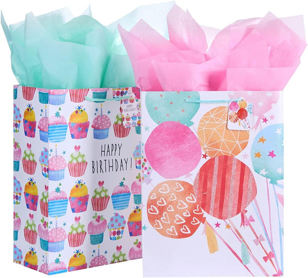 SUNCOLOR 16" Extra Large Gift Bags for Birthday Party with Tissue Paper, 2 Pack, Cupcake Design