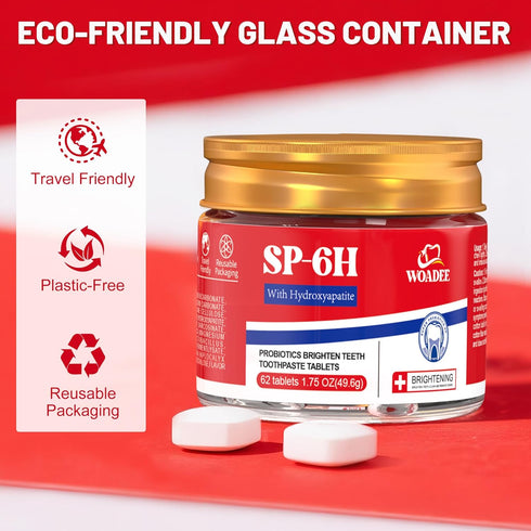 SP-6 (62 Count) Probiotics & Hydroxyapatite Toothpaste Tablets - Remineralizing Enamel Repair, Fluoride-Free Whitening