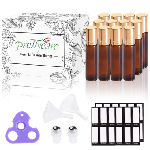 PrettyCare Essential Oil Roller Bottles 10ml Amber Glass 12 Pack with 2 Extra Roller Balls, Labels, Opener, Funnels