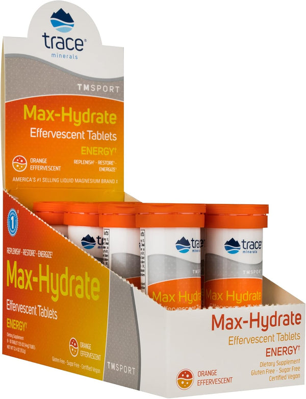 Trace Minerals Max-Hydrate Endurance Effervescent Tablets, Energy Support, Orange Flavor, 8 x 10 Tabs