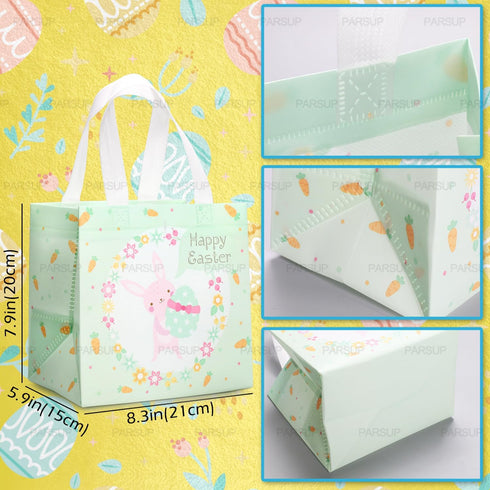 PARSUP 12PCS Happy Easter Bunny Carrot Chick Egg Hunt Gift Bags with Handles, 8.3×7.9×5.9inch, Easter Party Supplies