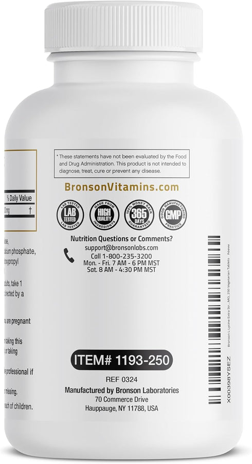 Bronson L-Lysine Extra Strength 1000 MG per Tablet, High Potency Immune Support, 250 Vegetarian Tablets
