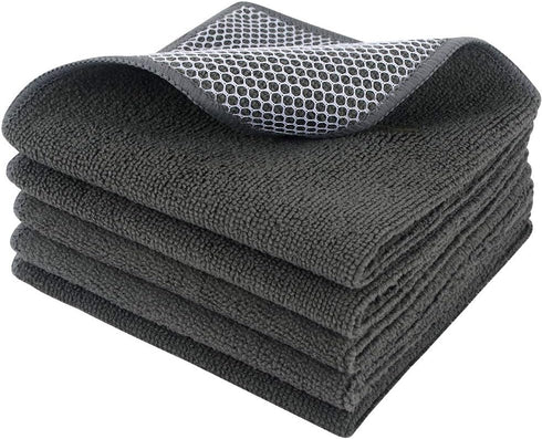 SINLAND Microfiber Dish Cloths, Wash Clothes for Kitchen, Best Cleaning Cloths, Poly Scour Side, 12"x12" (5 Pack, Dark