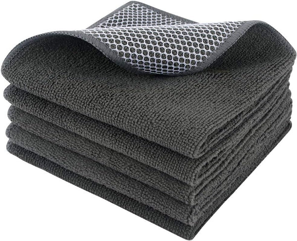 SINLAND Microfiber Dish Cloths, Wash Clothes for Kitchen, Best Cleaning Cloths, Poly Scour Side, 12"x12" (5 Pack, Dark