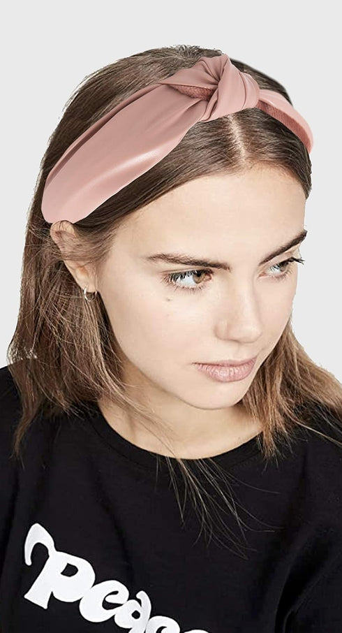 Leather Headbands for Women, Pink Trendy Knotted Headband for Women's Hair, Top Knot Fashion Designer