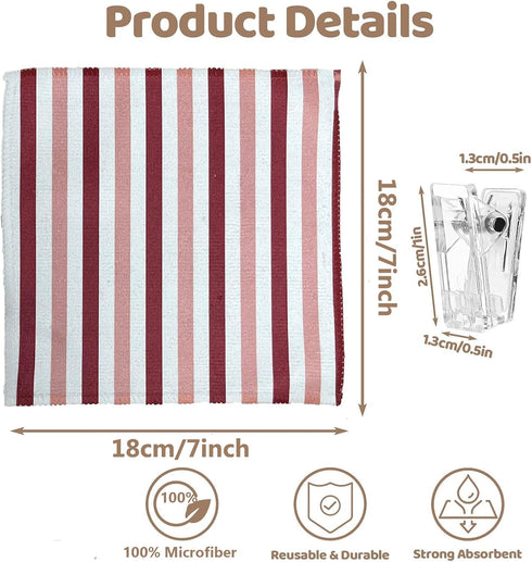 YIKUSO 8-Pack 7-Inch 8 Ultra-Fine Microfiber Kitchen Towels, Square with Clips & Multiple Patterns Soft, Absorbent