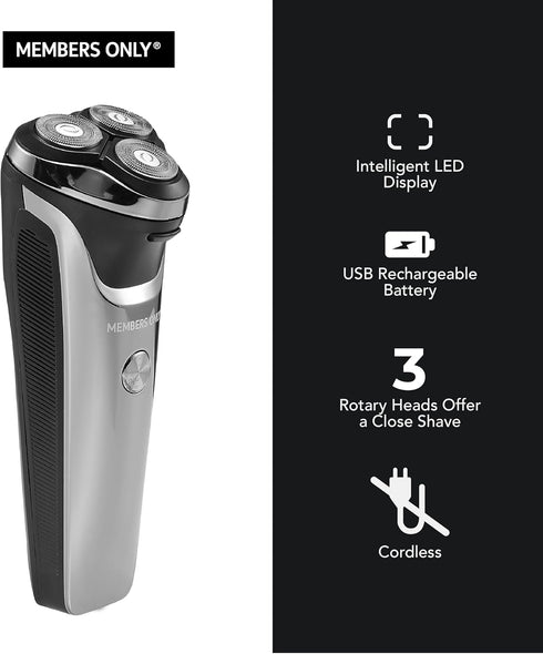 MEMBERS ONLY Electric Razor for Men, Lithium Metallic Cordless Rotary Shaver with 3 Heads, Precision Trimming, IPX6