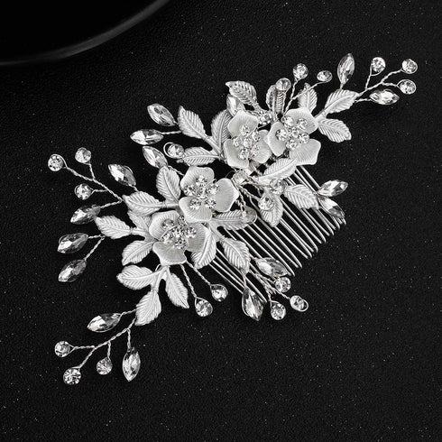 Sliver Flower Hair Comb with 2 Clear Crystal Hair Pins and Sticks, Wedding & Bridal Hair Accessories for Bridesmaids.