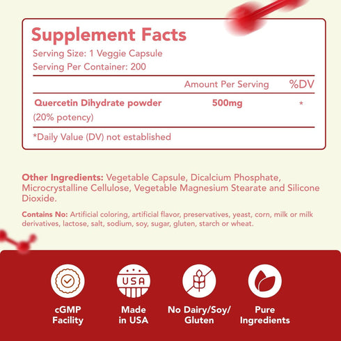 High Strength Quercetin 500mg Capsules, Powerful Antioxidant Supplement for Heart, Skin, Brain & Immune Support (200