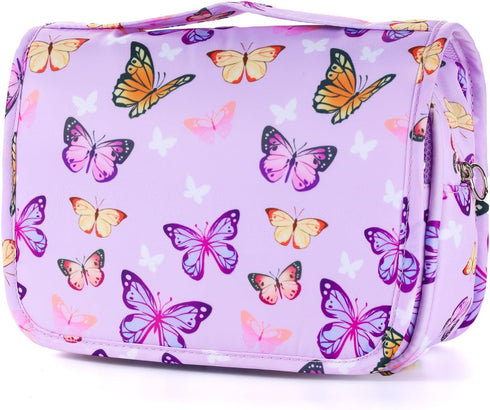 Kids Hanging Toiletry Bag for Girls, Waterproof Travel Makeup Bag for Little Young Girls, Butterfly Purple