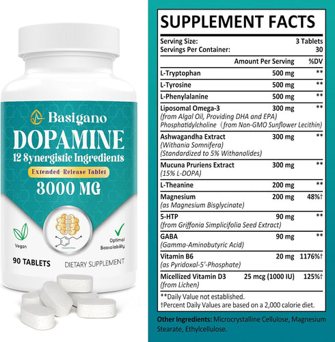 Natural Dopamine Supplement - Gluten-Free - 90 Tablets(Pack of 2)
