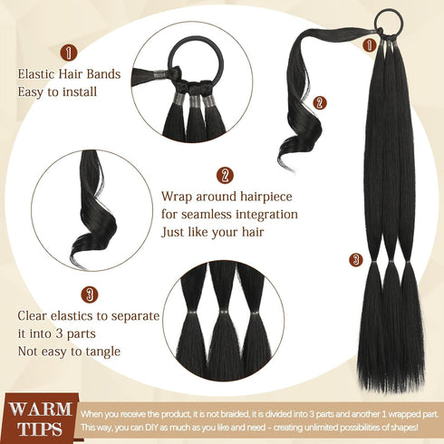 Sofeiyan Long Braid Ponytail Extension with Hair Tie Straight Sleek Wrap Around Hair Extensions Braid Pony Tail Fluffy Natural Soft Synthetic Hairpieces for Women Daily Wear, 2Pcs 26 inch-Black Brown
