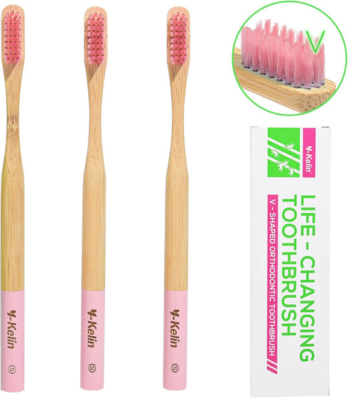 Y-Kelin Bamboo V-Shaped Orthodontic Toothbrush, Eco-Friendly Bamboo Toothbrush (3pcs) Soft Bristle (Pink Soft)