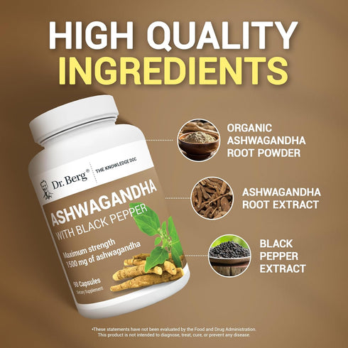 Dr. Berg Ashwagandha Capsules 1500mg - Organic Ashwagandha Root with Black Pepper from Bioperine - 90 Capsules