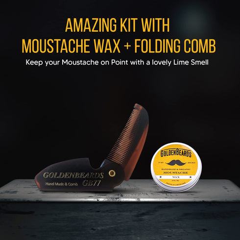 Moustache Wax Kit with 3" Folding Comb by BEST, Essential Grooming Set for Moustache Styling and Maintenance