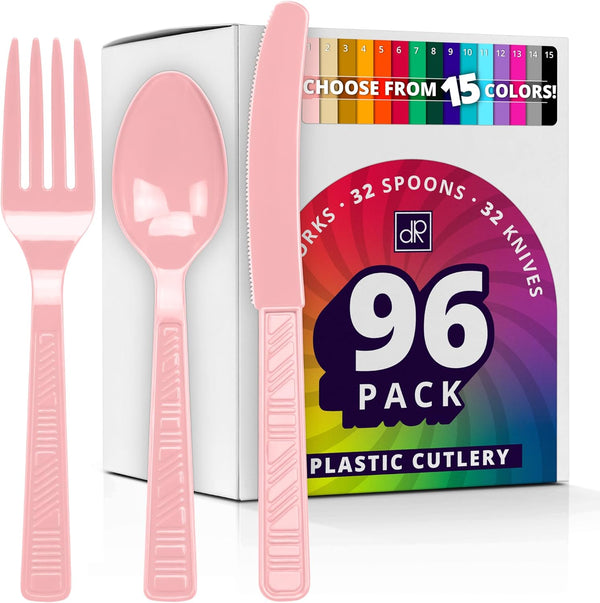 DecorRack Plastic Cutlery Set, Pink Colored Heavy Duty Plastic Silverware Sets for Parties, 96 Piece Bulk