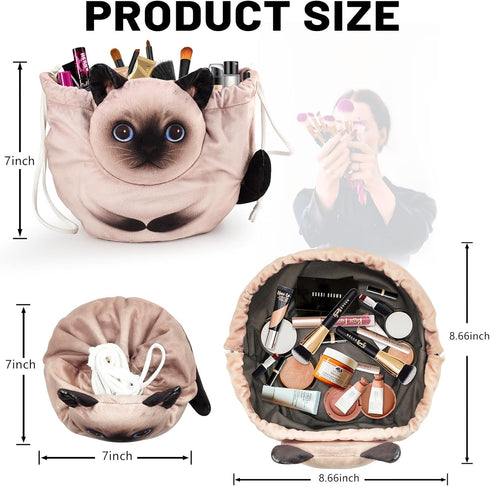 Drawstring Makeup Bag, Cat Makeup Bag, Travel Makeup Organizer, Cosmetic Pouch Bag, Cat Gift for Women, Lay Flat Makeup Bag Gifts for Cat Lovers