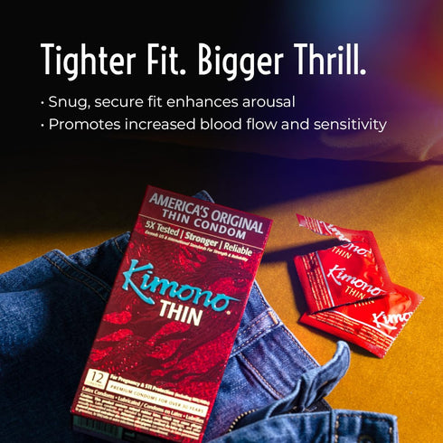 Pack 12 Kimono Thin Condoms of - Snug Fit for Performance-Enhancing Feeling, Natural Latex Condoms, Vegan-Friendly, No