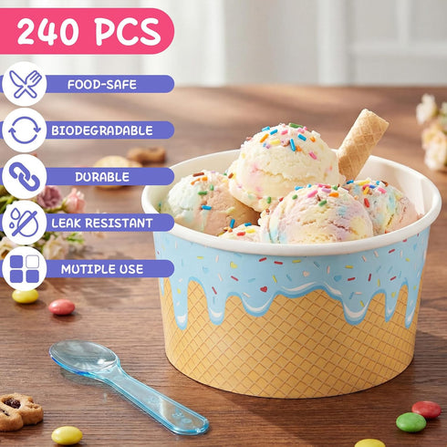 Jingmore 240 Set 8 oz Summer Paper Ice Cream Cups Bulk with Spoons Disposable Sundae Bowls Colorful Paper Dessert Cups