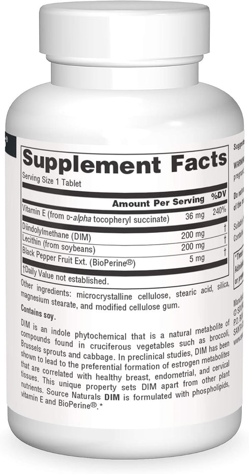 Source Naturals DIM, Diindolylmethane 200mg with BioPerine, Vitamin E & More, 30 Tablets