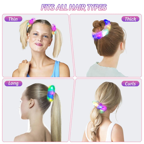 Light Up Scrunchies, LED Glow in the Dark Hair Ties for Neon Party, Fun Hair Accessories (4Pcs-Pink+brown)