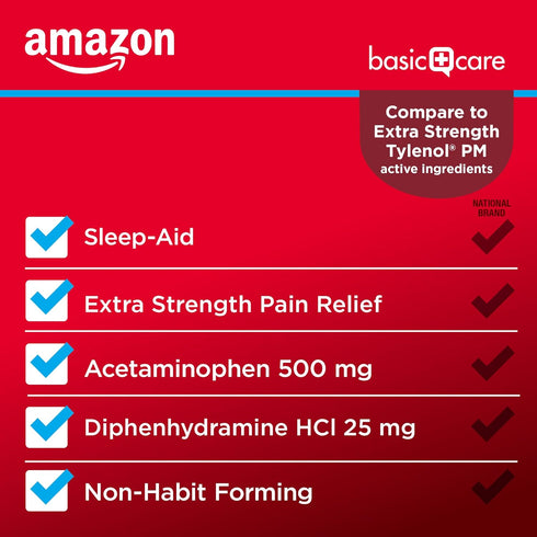 Amazon Basic Care Acetaminophen PM Caplets, Pain Reliever Plus Nighttime Sleep Aid, 100 Count