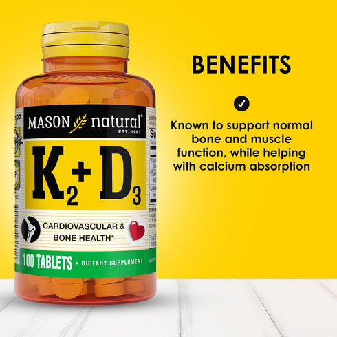 K2 D3, 100,Day MASON NATURAL Vitamin + Supply, with Calcium for Normal Bone and Muscle Support, Tablets