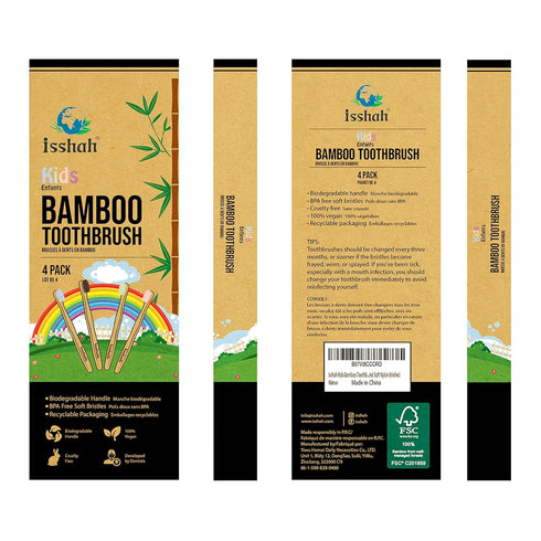 Pack 4 Isshah Kids Bamboo Toothbrushes Biodegradable Handle BPA Free Eco Friendly Children Size