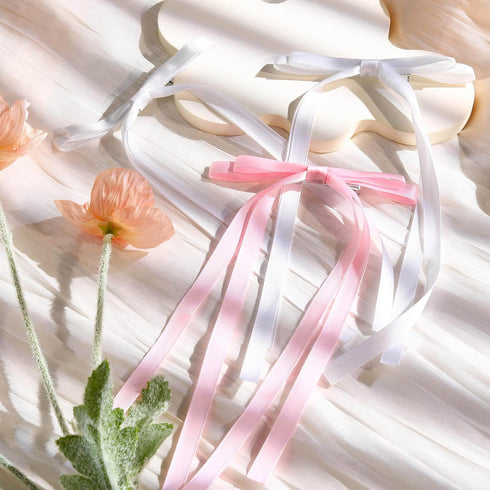 VOBOBE 4PCS Hair Bows for Girls Women, Solid Satin Tassel Bowknot Hair Clips with Long Tail (Pink+White)