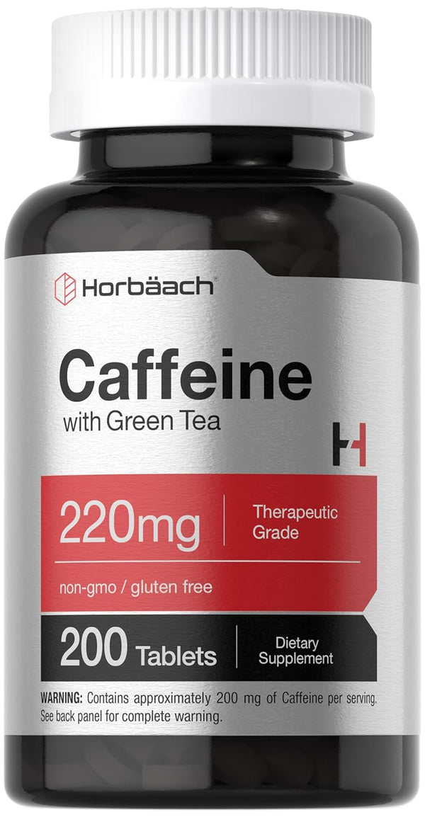 Horbaach Caffeine Pills - 200mg with Green Tea, 200 Tablets, Vegetarian, Non-GMO & Gluten Free