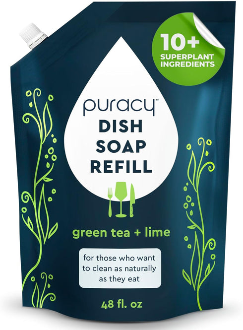 Puracy Natural Dish Soap Refill, Clean-Rinsing Water-Sheeting Formula, Plant-Based Liquid, Green Tea and Lime, 48 Oz