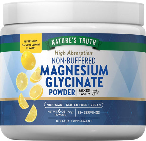 Magnesium Glycinate Powder 6 oz, Lemon Flavor, High Absorption, Vegan, Non-GMO, Gluten Free Supplement