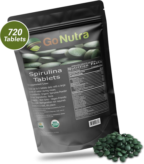 Go Nutra - Organic Spirulina Tablets, Packed with Vitamins, Minerals, Fibers, Amino Acids, Non-GMO, Vegan, 500 mg, 720