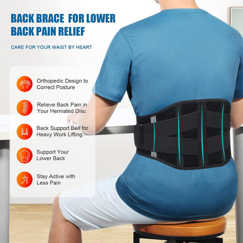 CUEHEAT Back Brace for Lower Back Pain Relief, Adjustable Support Belt with 5 Stays for Scoliosis and Heavy Lifting