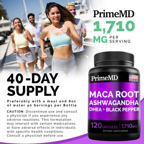 6-in-1 Organic Maca Root & Ashwagandha Capsules 1710mg, 120 Capsules, DHEA & Black Pepper Extract, Mood & Stamina